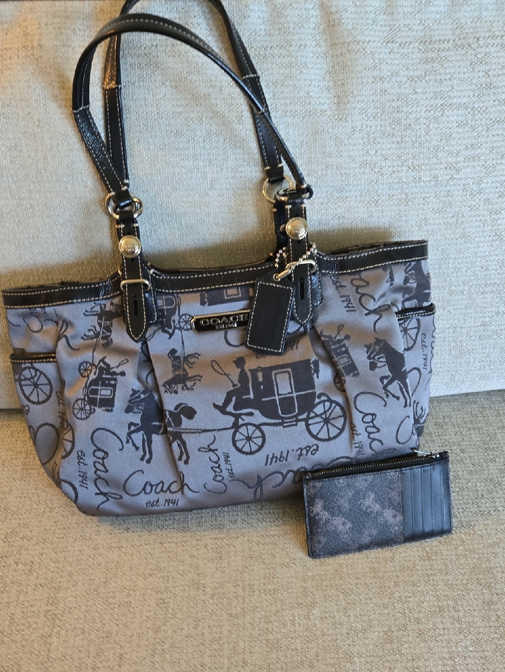 Coach Gray Signature Script Tote with Black Trim and Matching Wallet - Picture 2 of 7